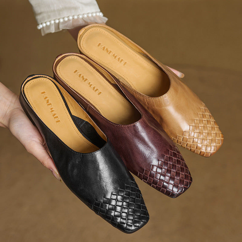 Women's Woven Square Toe Mule Shoes – Flat Block Heel Slip On Casual