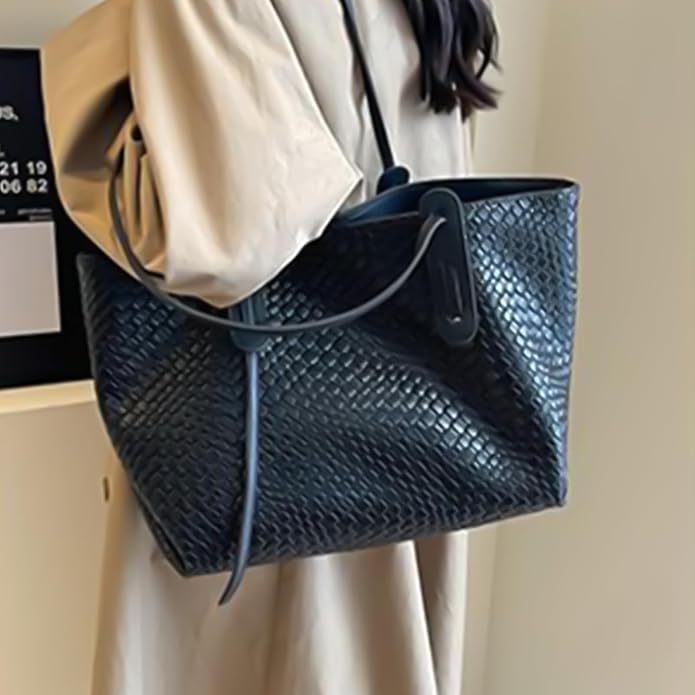 Women's Woven Texture Large Tote Bag – Basket Weave Double Strap Everyday Work