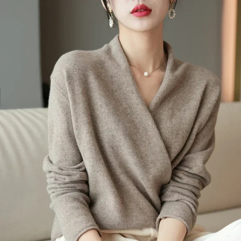 Women's Wrap Front V Neck Knit Sweater – Long Sleeve Crossover Smart Casual