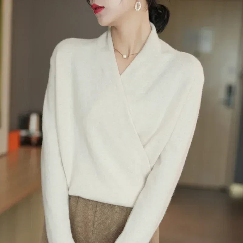 Women's Wrap Front V Neck Knit Sweater – Long Sleeve Crossover Smart Casual