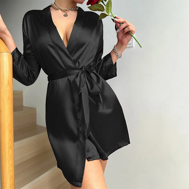 Women's Wrap Kimono Robe – V Neck Self-Tie Belt Long Sleeve Nightwear