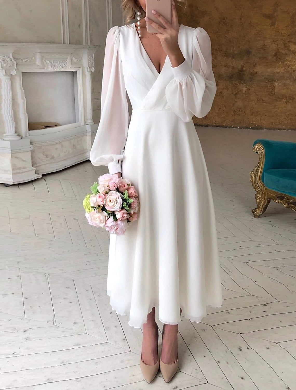 Women's Wrap Midi Dress – V Neck Bishop Sleeve A-Line Wedding Guest