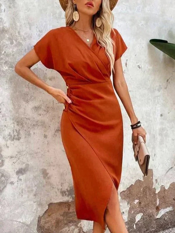 Women's Wrap Midi Dress – V Neck Ruched Short Sleeve Cocktail Party