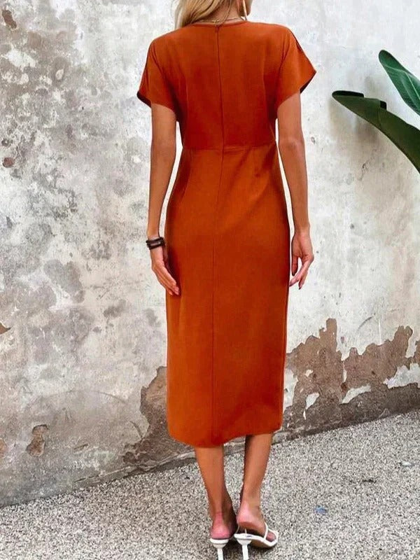 Women's Wrap Midi Dress – V Neck Ruched Short Sleeve Cocktail Party